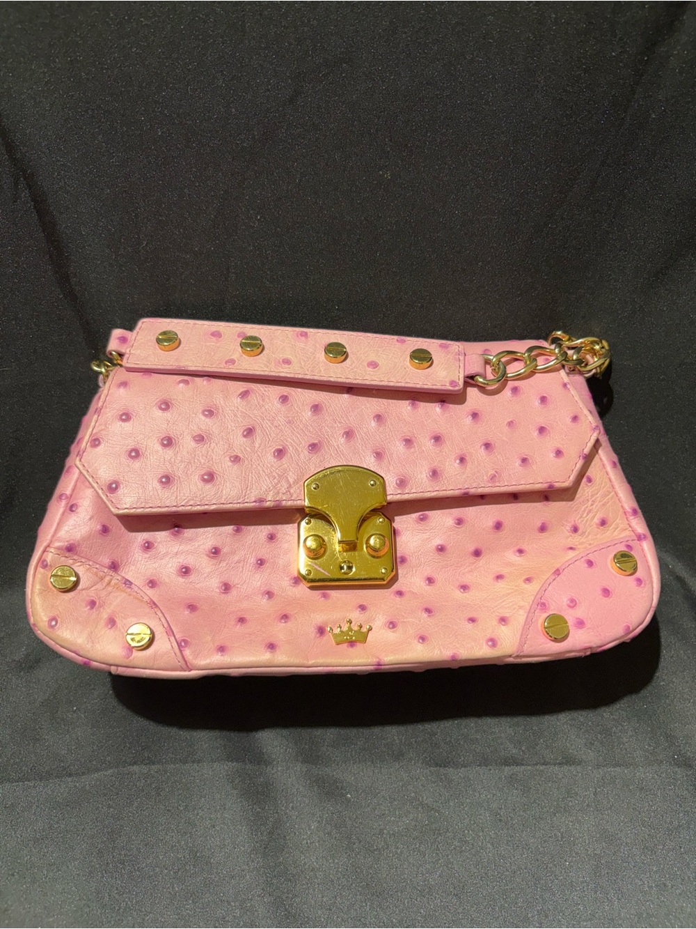 Elaine Turner Pink Ostrich-Texture Shoulder Bag with Gold Hardware
